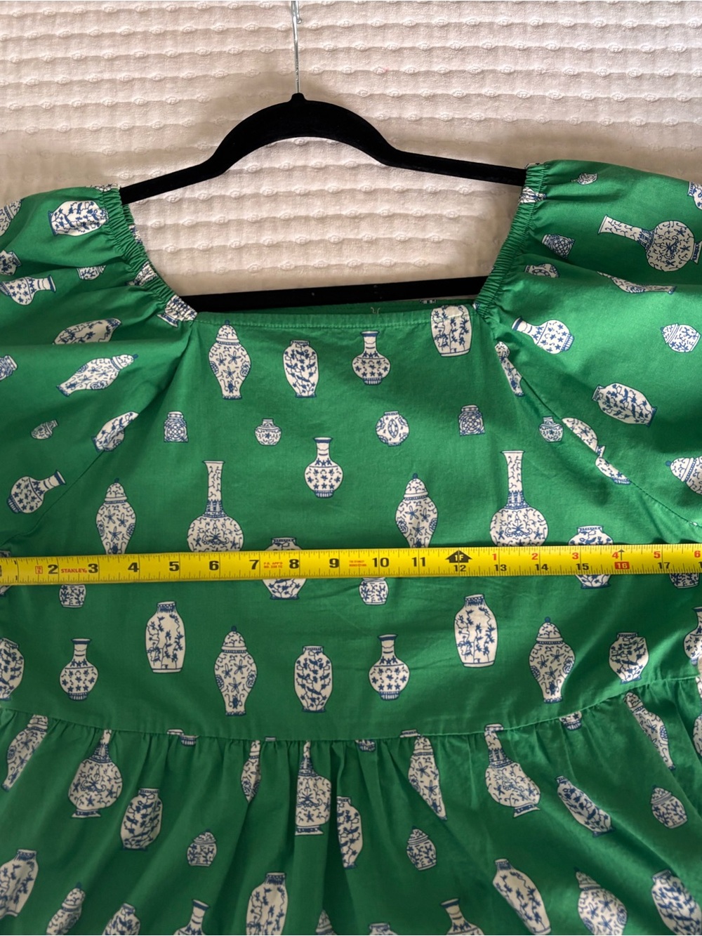 Green Puff Sleeve Mini Dress with White Ginger Jar Print - Picture 3 of 5